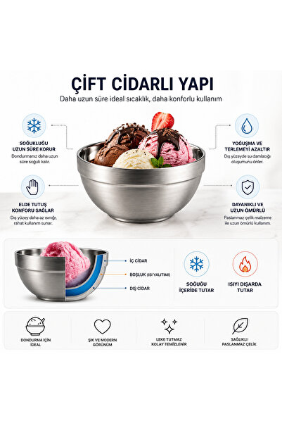 ARVALE 3 Adet Çift Cidarlı Paslanmaz Çelik Isı Yalıtımlı Şık Sunum Kasesi