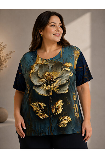 lavelina Plus Size Crew Neck Floral Printed Women's Blouse with Shiny Detail ...