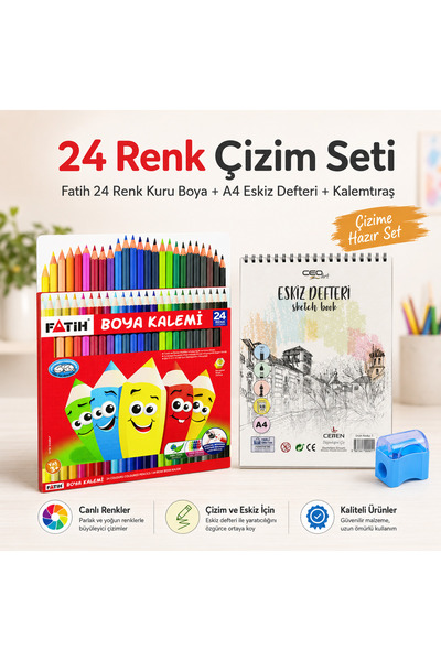 Fatih 24 Renk Kuru Boya ve Ceren CEO Art A4 Eskiz Defteri Çizim Seti - Profes...