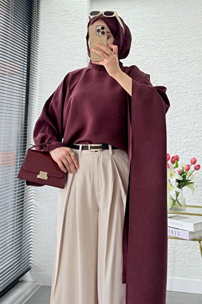 MELEK ARAZ Premium Bat Sleeve Asymmetrical Modal Blouse – Burgundy