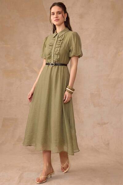 Olcay Ruffled Balloon Sleeve Dress with Belt Accessories Light Green 9464-E