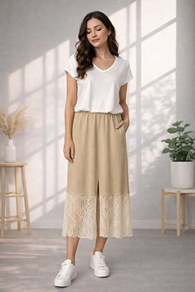 Okçu Triko تنورة نسائية بأكمام مكشكشة 25Y46094-BEIGE-04