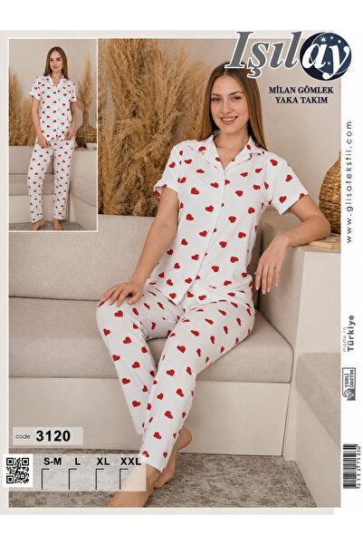 Işılay Milan Shirt Collar Buttoned Heart Patterned Pajama Set