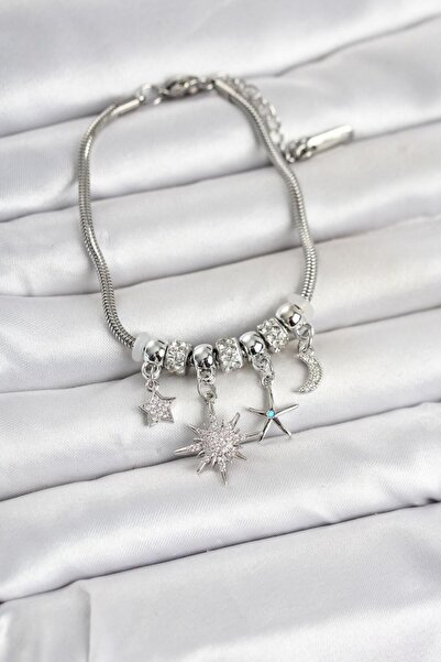 Clariss Brass Silver Color Pole Star Detailed Charm Women's Bracelet