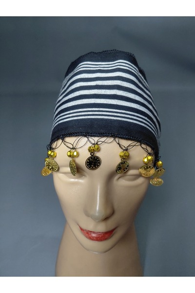keşancım Black and White Striped Sides, Knitted Bandana with Gold Sequins