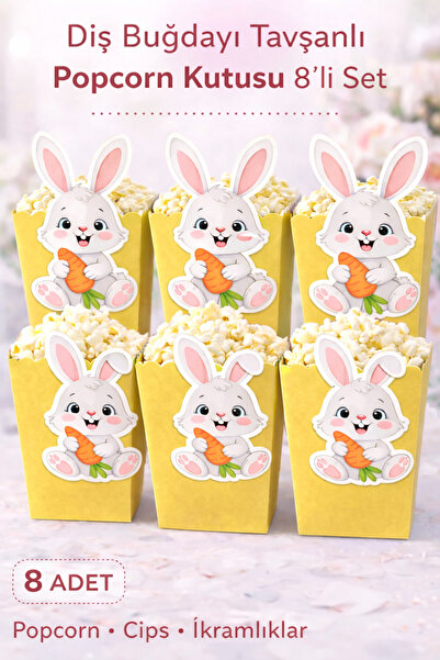 Parti Konsepti Diş Buğdayı Tavşanlı Popcorn Kutusu 8’li Set Renk Seçenekli İk...