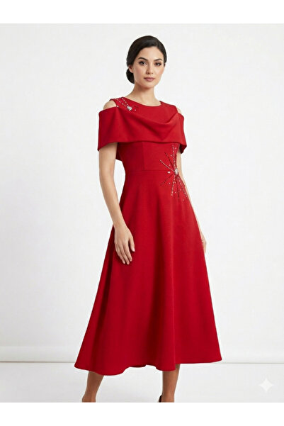 Topstar Off Shoulder Shiny Crystal Embroidery Royal Red Midi Evening Dress