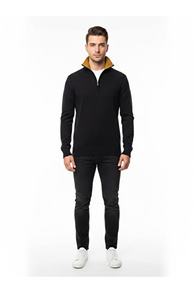 Sisley Cotton Blend Half Zipper Stand Collar Sweater Men's Black Sweater - 32...