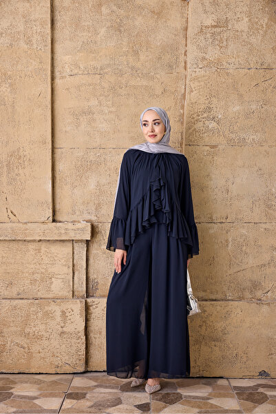 LOCCO Women's Pleated Detail Chiffon Suit with Trousers Navy Blue