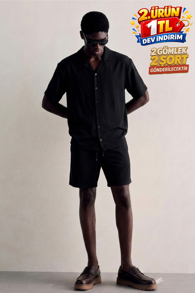 DAMGA JEANS Men's Summer Linen Shirt Elastic Waist Shorts Brown Two-Piece Set