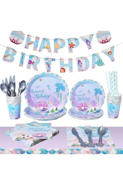 Arabest 134-Piece Mermaid Theme Party Supplies Set,Birthday Decoration,Tablew...