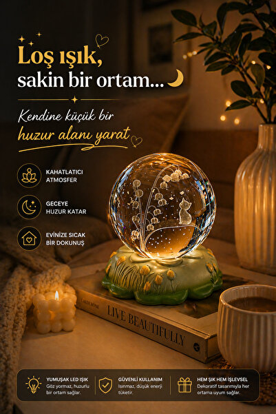 BENT Kristal Cam Küre Led Işıklı Gece Lambası – Kedi ve Çiçek Tasarımlı Dekor...