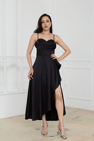 BEYBOS Degaje Collar Satin Midi Dress - Black