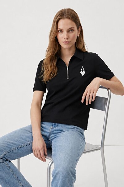 Rays Tricou negru cu guler tip cămașă și fermoar 8437A