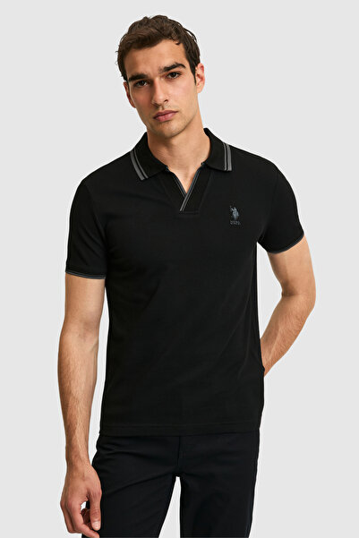 U.S. Polo Assn. Ανδρικό μπλουζάκι με λεπτή γραμμή και λαιμόκοψη πόλο, μαύρο 5...