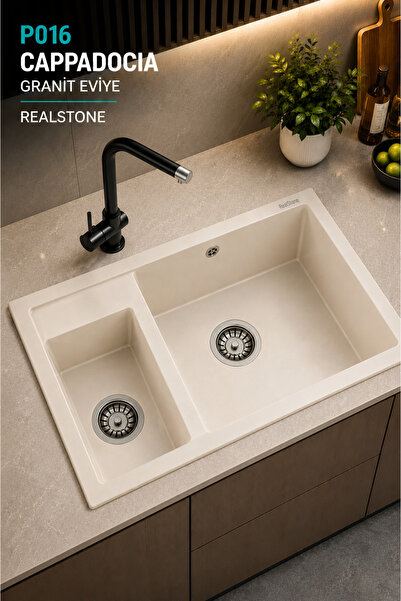 RealStone P016 Cappadocia 1.5 Gözlü Damlalıksız Granit Eviye Krem 70x50