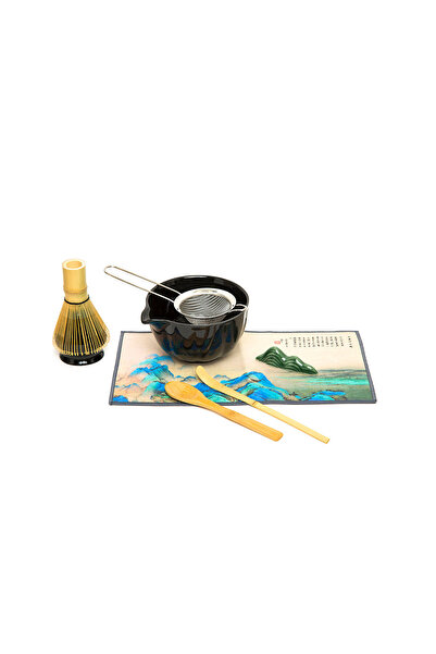 Chado Matcha Tea Ceremony Set Ceramic Bowl Bamboo Whisk Brush Stand and Strai...