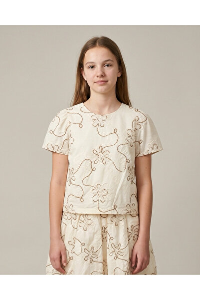 REDTAG Senior Girls White and Beige And Embroidered Top
