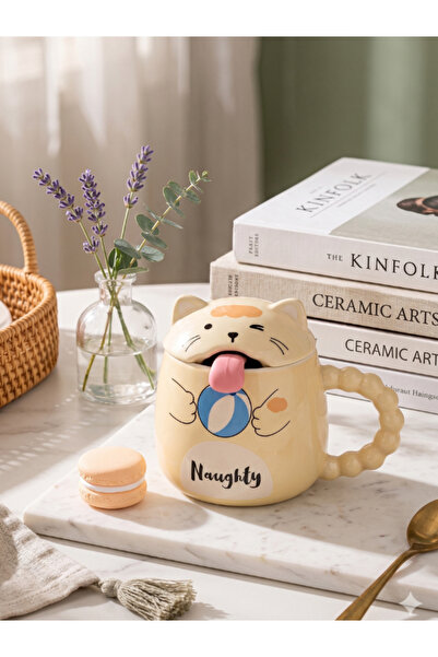 Bam Cute Cat Ceramic Mug with Lid and Spoon