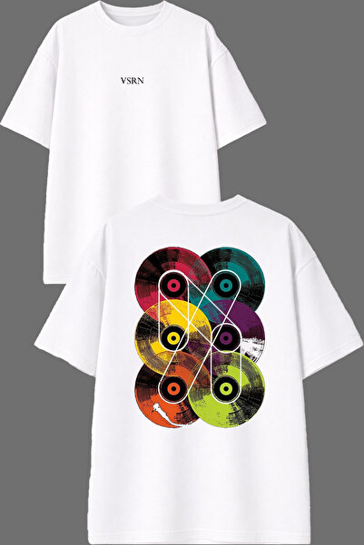 VSRN Tricou oversize alb cu 6 discuri, design colorat, imprimat față și spate