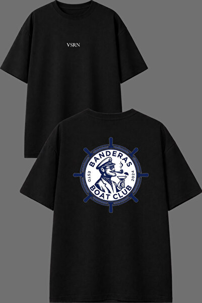 VSRN Sailor Design Front and Back Printed Black Oversize T-Shirt