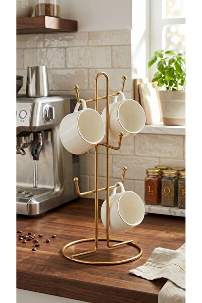 NTC METAL Lüx Termoplastik Kaplama Metal Kupa Askılığı Golda 6lı Mug Bardak S...