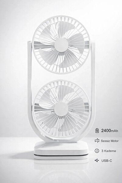HİBOTEKNO BWFN28 Çift Başlıklı Masaüstü Vantilatör - Şarjlı, 3 Kademeli Taşın...