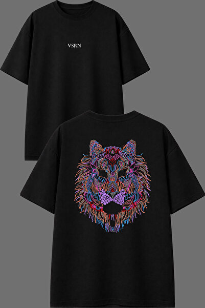 VSRN Tricou oversize negru cu imprimeu în față și în spate, cu design Leu în ...