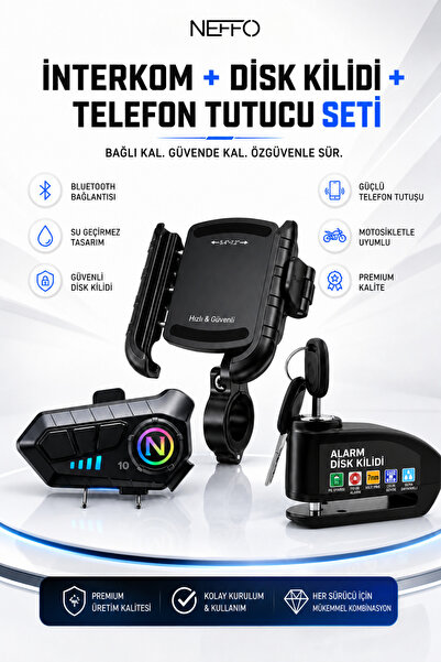 NEFFO Intercom Motosiklet Seti | Bluetooth Intercom + Disk Kilidi + Telefon T...