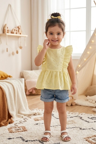 azra kids Fisto nakışlı ( Brode) kumaş denim taşlı şortlu kız takım