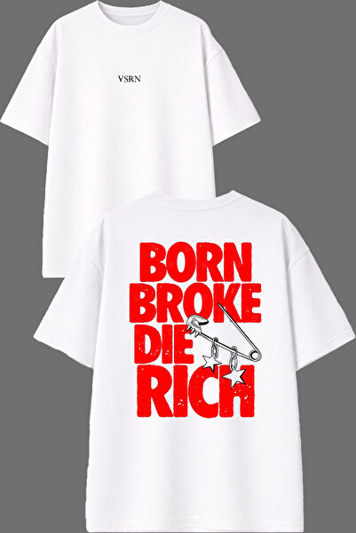 VSRN تي شيرت أبيض كبير الحجم مطبوع من الأمام والخلف بتصميم Born Broke