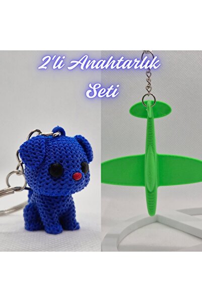 3DAtölyeMaker Blue Knitted Patterned Dog and Green Airplane Keychain