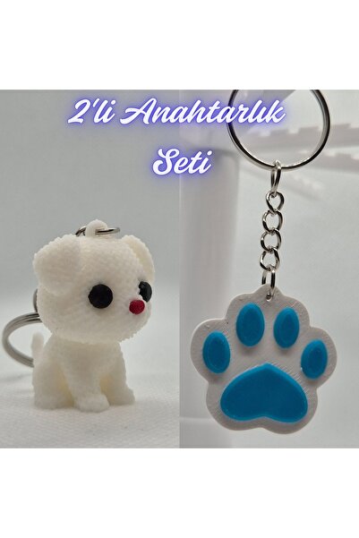 3DAtölyeMaker White Knitted Patterned Dog and Light Blue Cat Paw Keychain