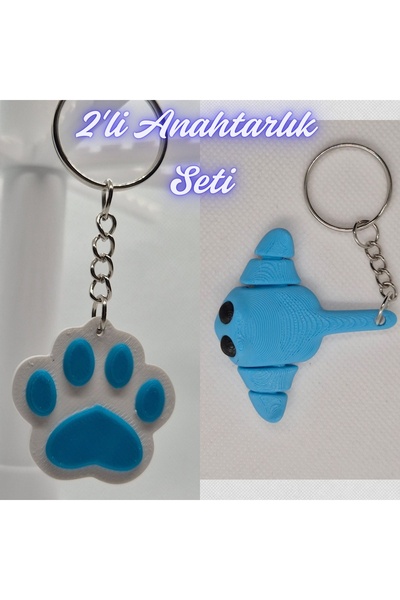3DAtölyeMaker Light Blue Cat Paw and Light Blue Flexible Stingray Keychain