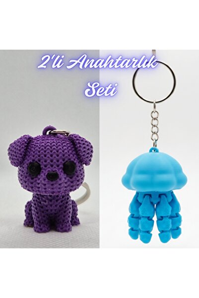 3DAtölyeMaker Purple Knitted Patterned Dog and Light Blue Moving Jellyfish Ke...