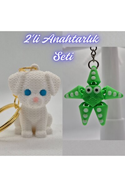 3DAtölyeMaker White Knitted Pattern Dog-2 and Green Animated Starfish Keychain