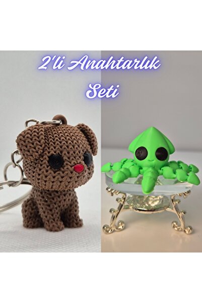 3DAtölyeMaker Dark Brown Knitted Patterned Dog and Light Green Squid Keychain