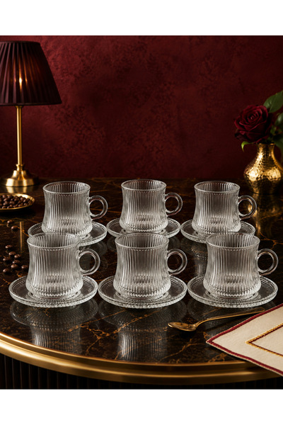 çukurova home Modern Cam Kulplu ve Tabaklı Çay - Kahve Seti ( 150 ml ) 6 Adet