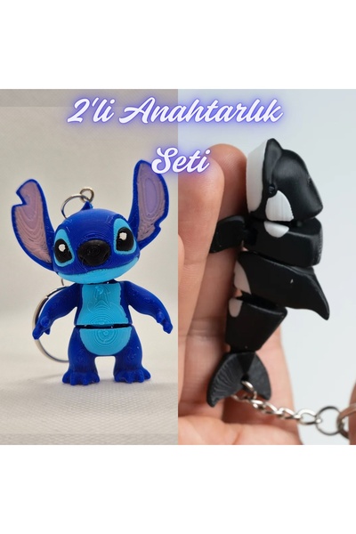 3DAtölyeMaker Blue Flexible Stitch and Black Flexible Whale Keychain