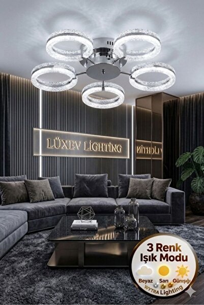 Lüxev Lighting Mozaik Model Gümüş 5"li Ledli 3 Renk Modu Kristal Salon Mutfak...