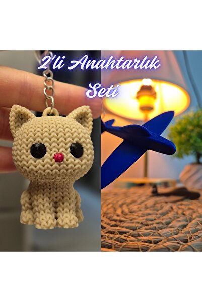 3DAtölyeMaker Cream Knitted Patterned Cat and Blue Airplane Keychain