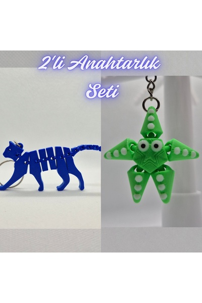 3DAtölyeMaker Blue Flexible Cat and Green Moving Starfish Keychain