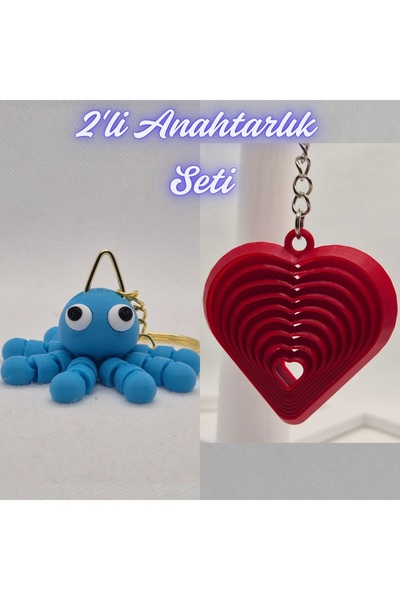 3DAtölyeMaker Light Blue Confused Octopus and Fire Engine Red Moving Heart Ke...