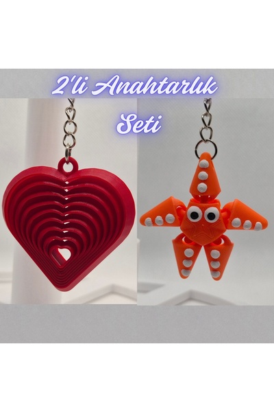 3DAtölyeMaker Fire Engine Red Moving Heart and Orange Moving Starfish Keychain