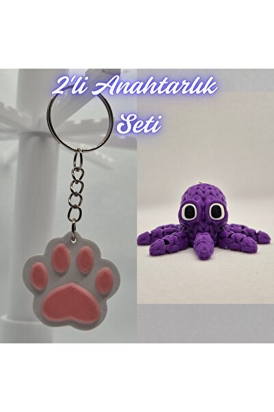 3DAtölyeMaker Light Pink Cat Paw and Purple Knitted Pattern Octopus Keychain