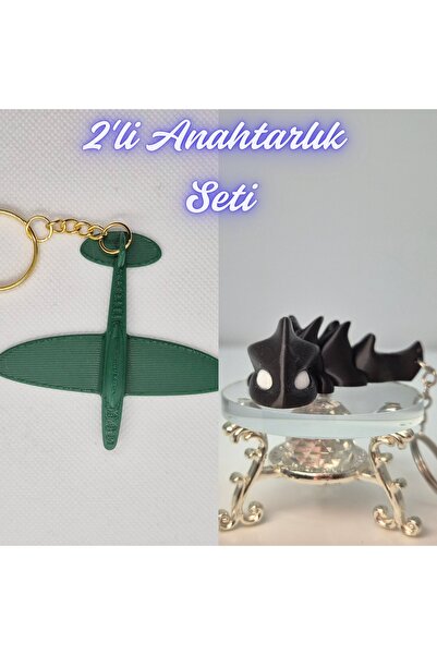 3DAtölyeMaker Dark Green Airplane and Black Flexible Dragon Keychain