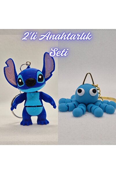 3DAtölyeMaker Blue Flexible Stitch and Light Blue Confused Octopus Keychain