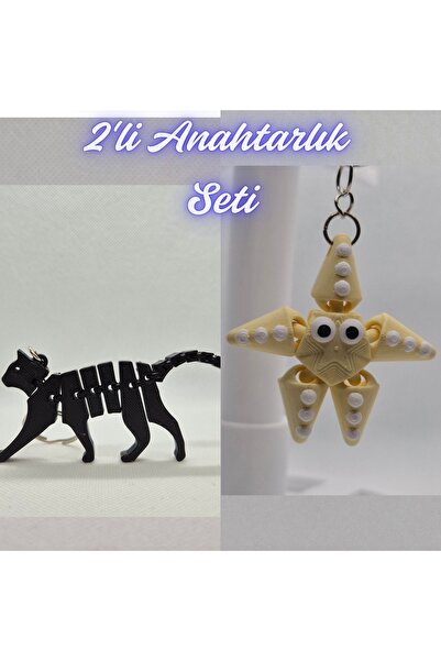 3DAtölyeMaker Black Flexible Cat and Light Yellow Moving Starfish Keychain