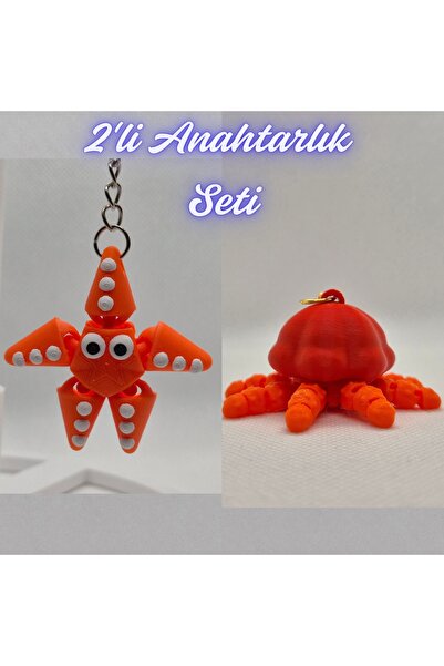 3DAtölyeMaker Orange Moving Starfish and Orange Moving Jellyfish Keychain