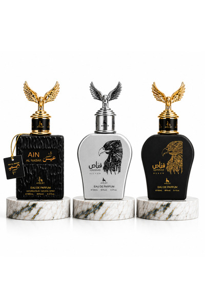 Ayelet Set of 3 Arabian Men's Perfumes Ain Al Nasr, Qannas Silver & Qannas Black